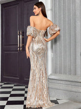 Mgiacy Strapless Fishtail Long Dress With Sexy Glitter Puff Sleeves, Slim Fit